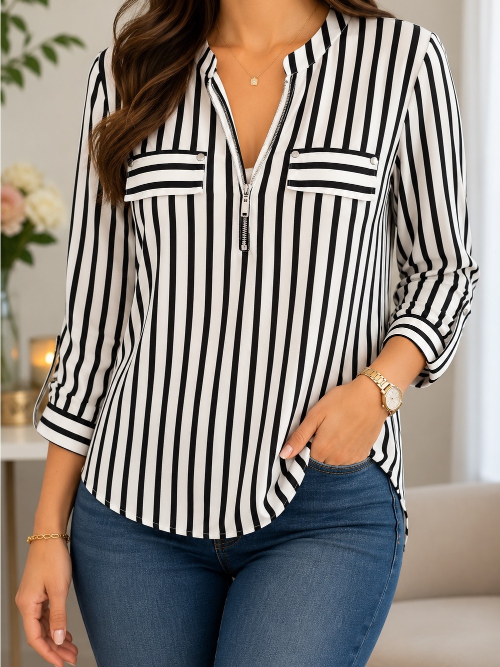 Black & White Vertical Stripe Zip-Neck Blouse